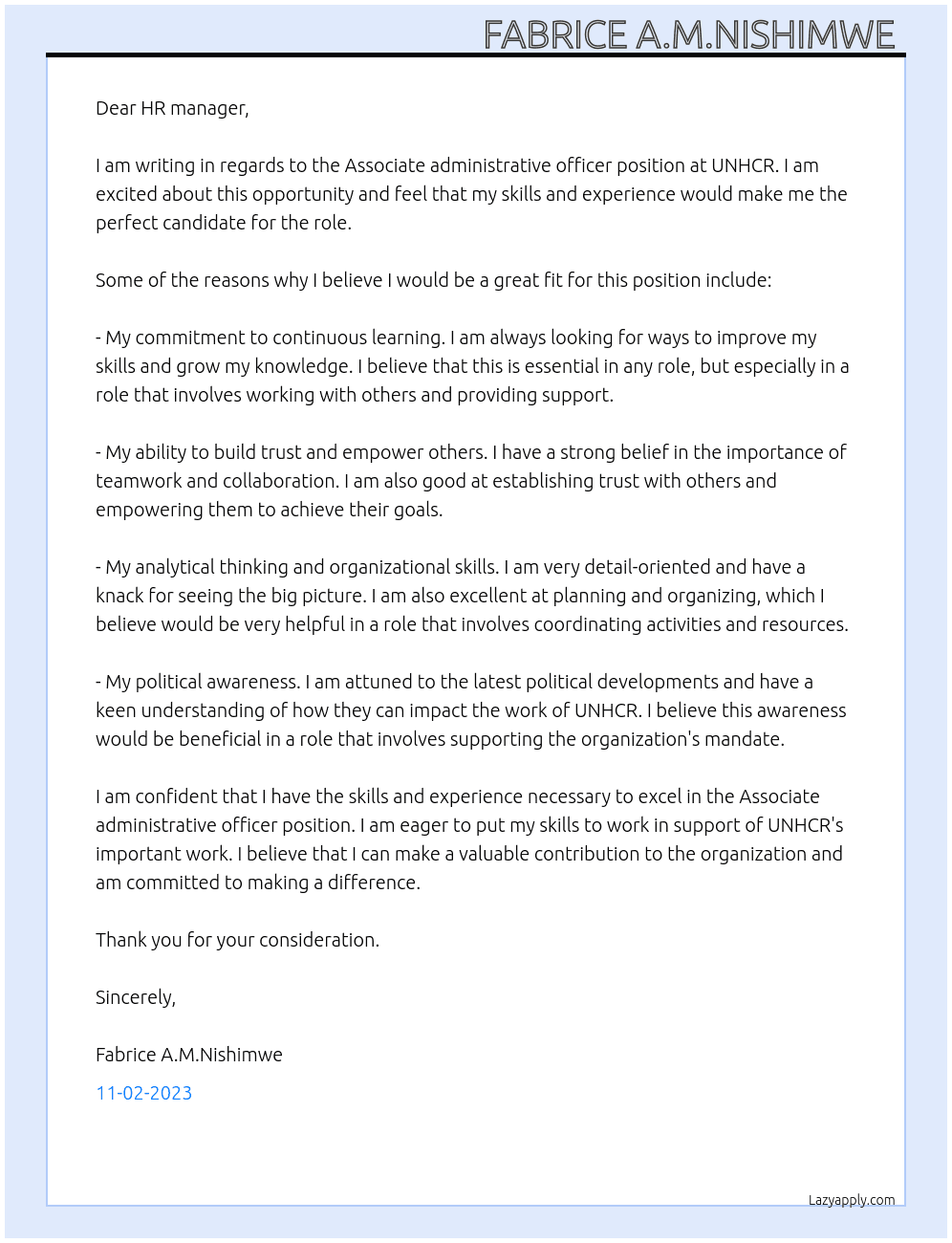 Associate administrative officer  At UNHCR  Cover Letter