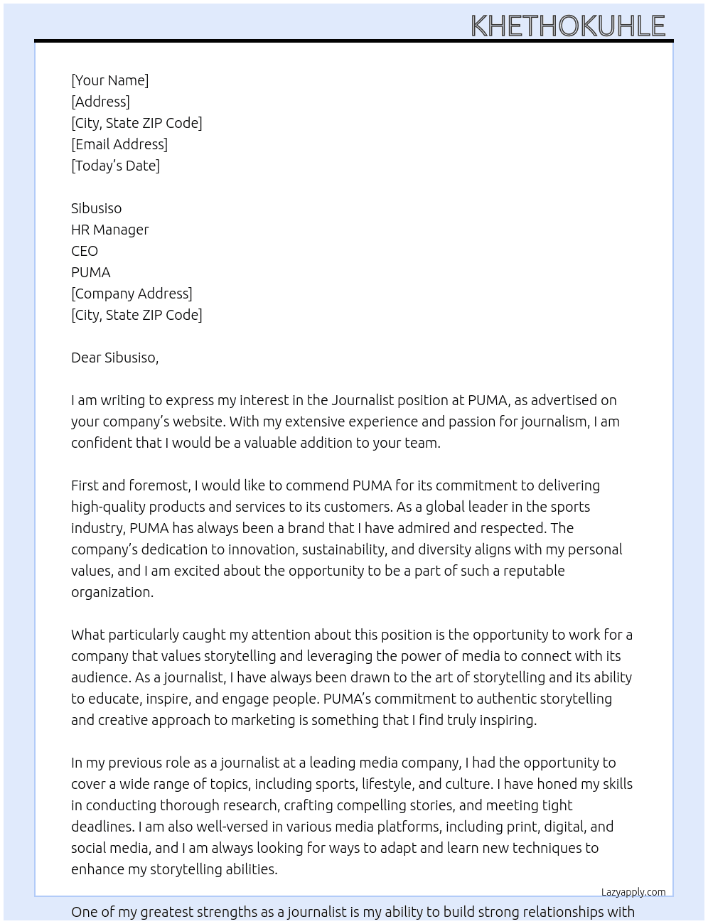 Journalist At PUMA  Cover Letter