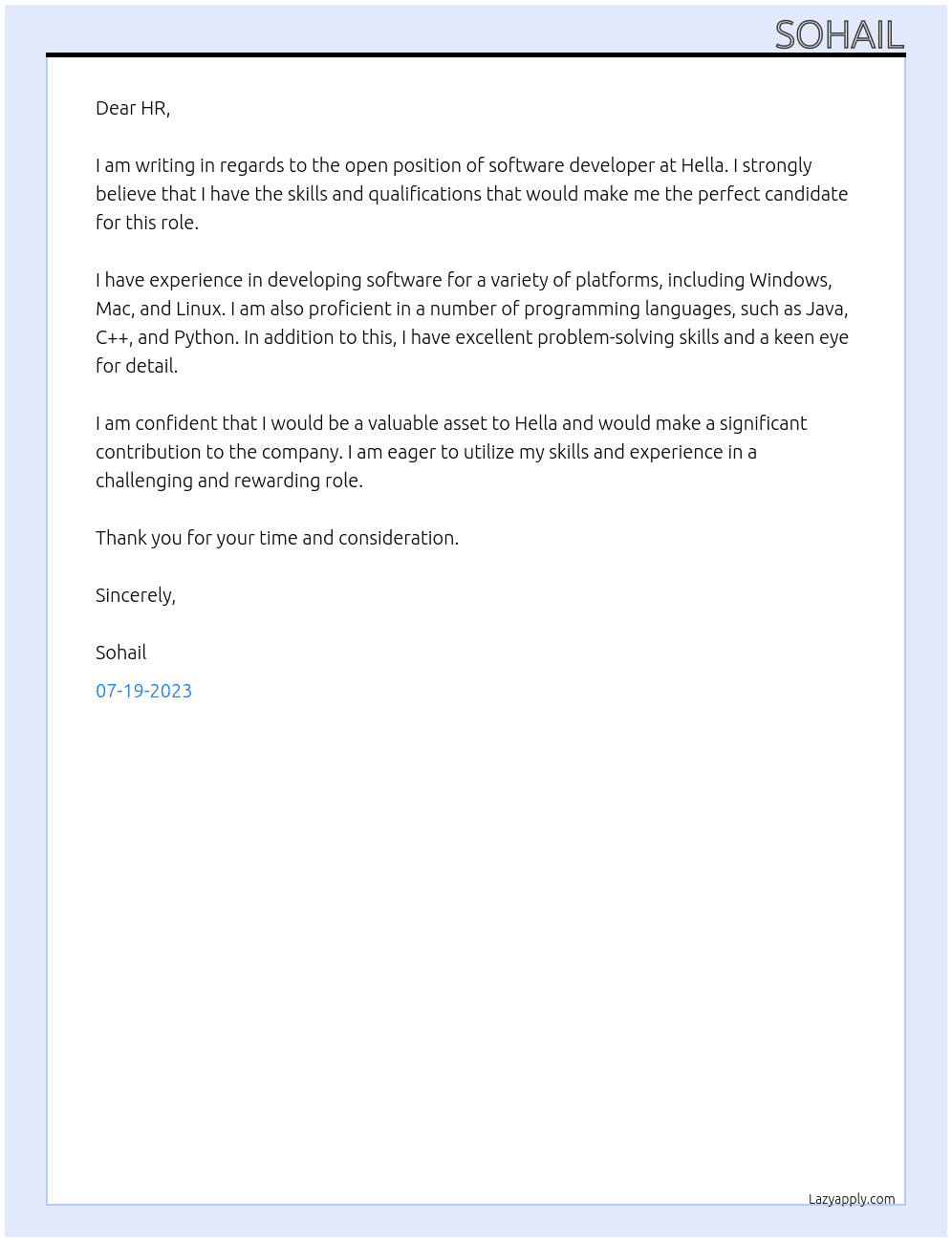 Software developer At Hella Cover Letter
