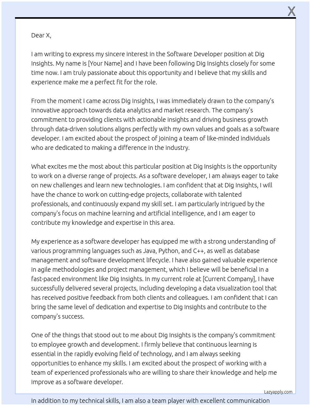 Software developer At Dig Inisghts Cover Letter