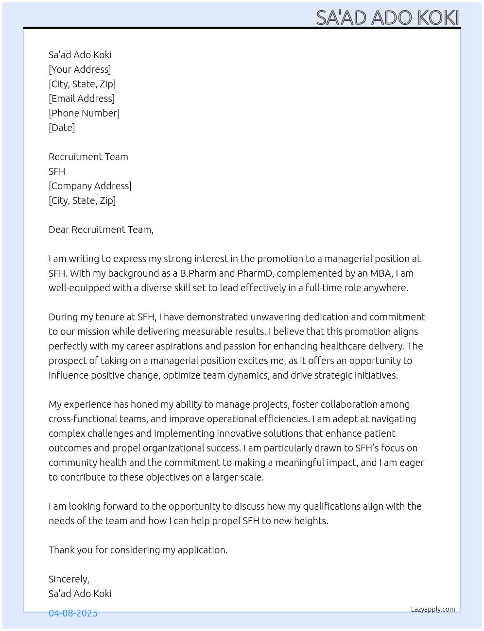 Promotion At SFH Cover Letter