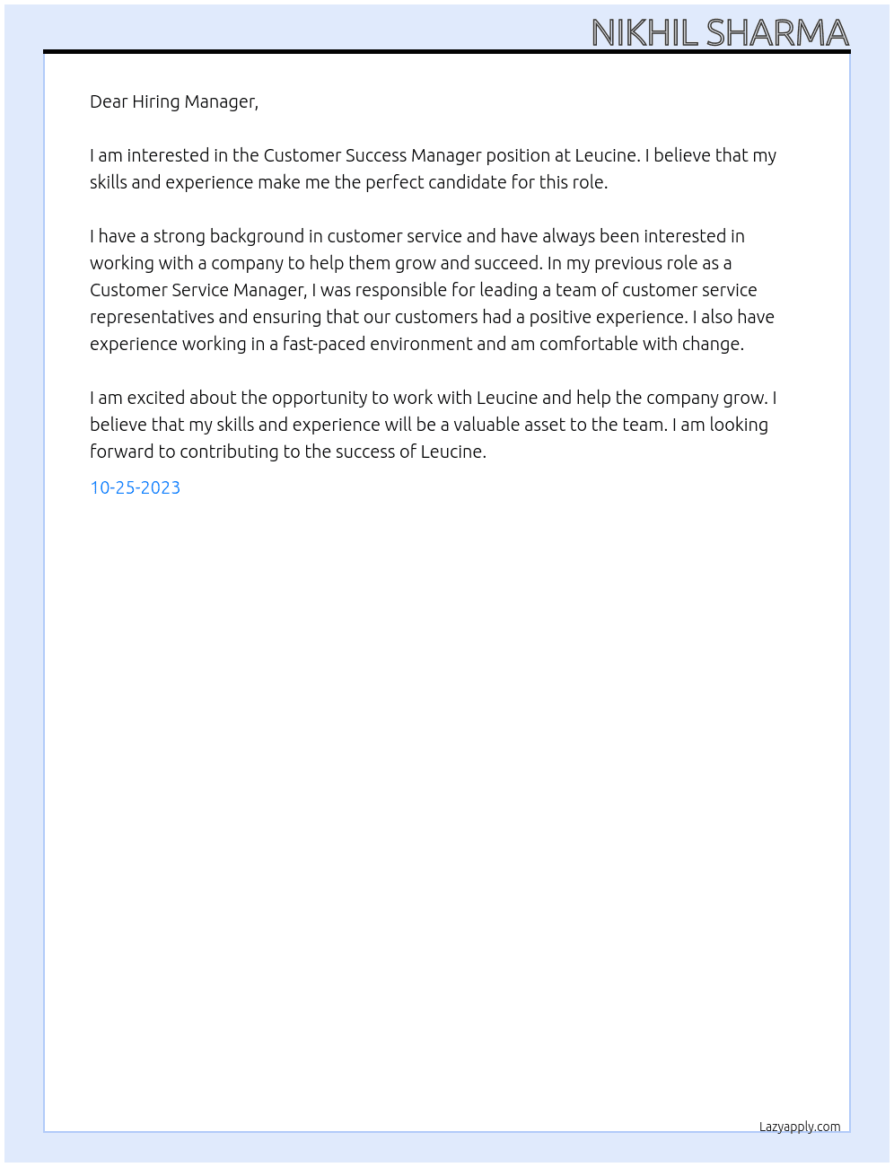 Customer Success Manager At Leucine Cover Letter