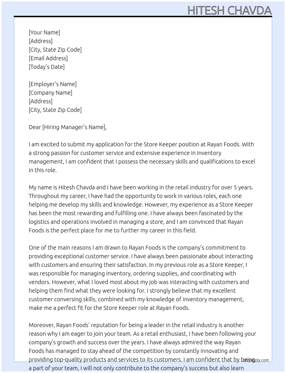 Store keeper  At Rayan foods Cover Letter