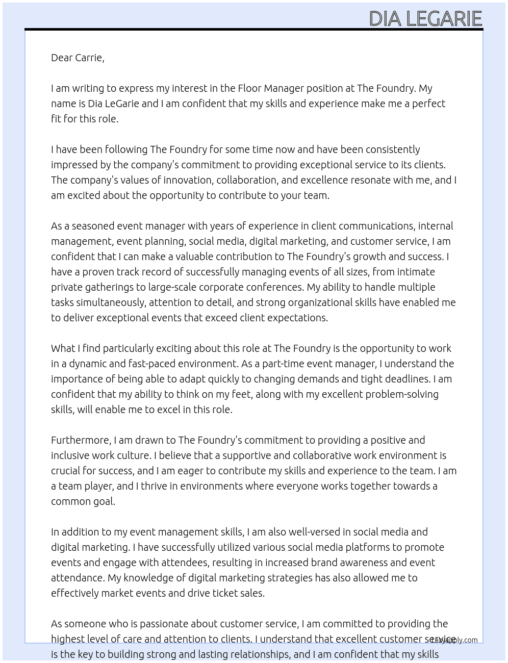Floor Manager At The Foundry Cover Letter