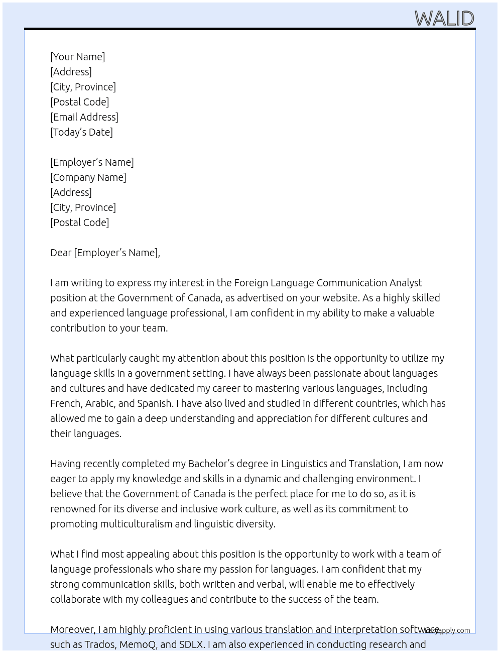 foreign language communication analyst At government of canada Cover Letter