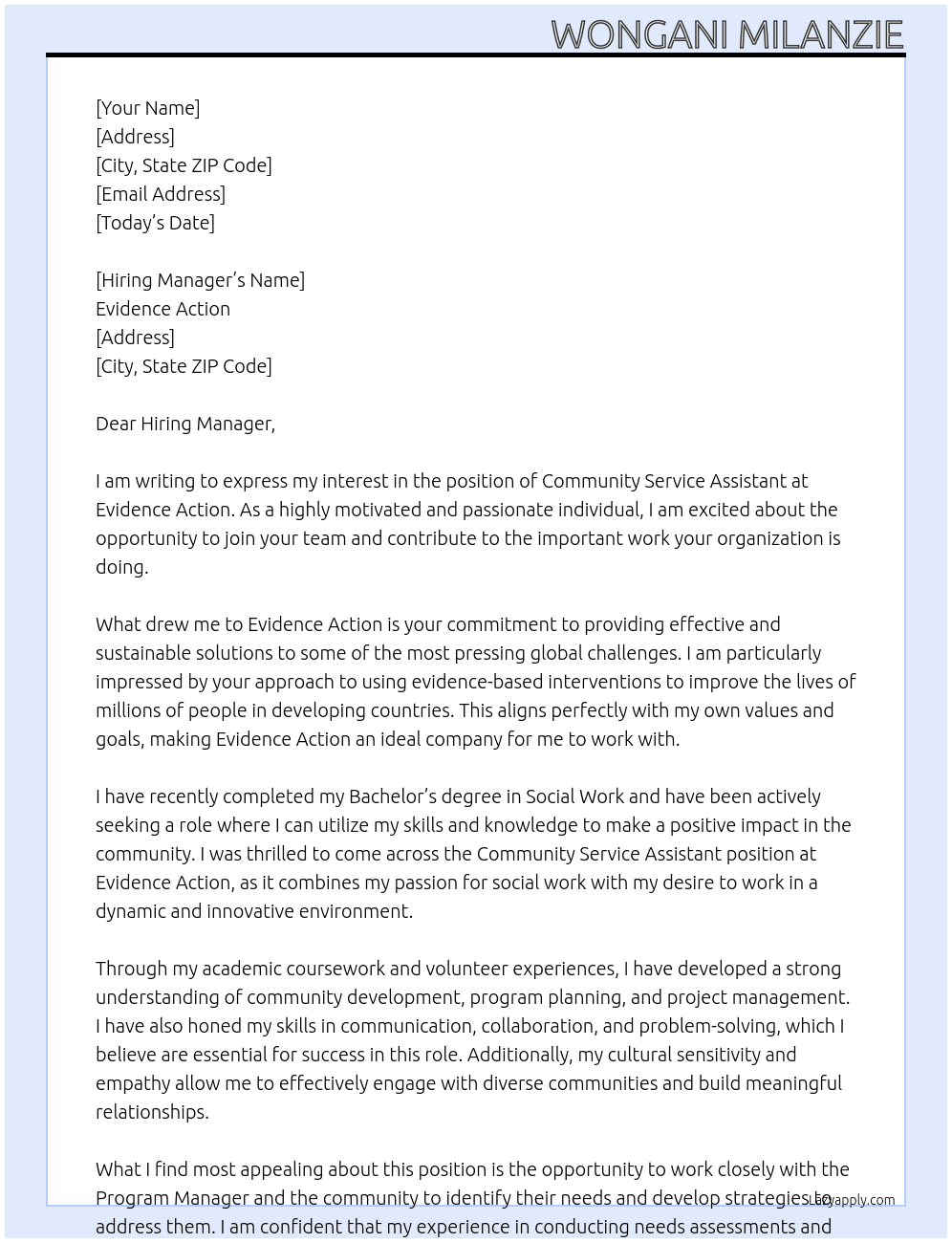 Community Service Assistant  At Evidence Action  Cover Letter