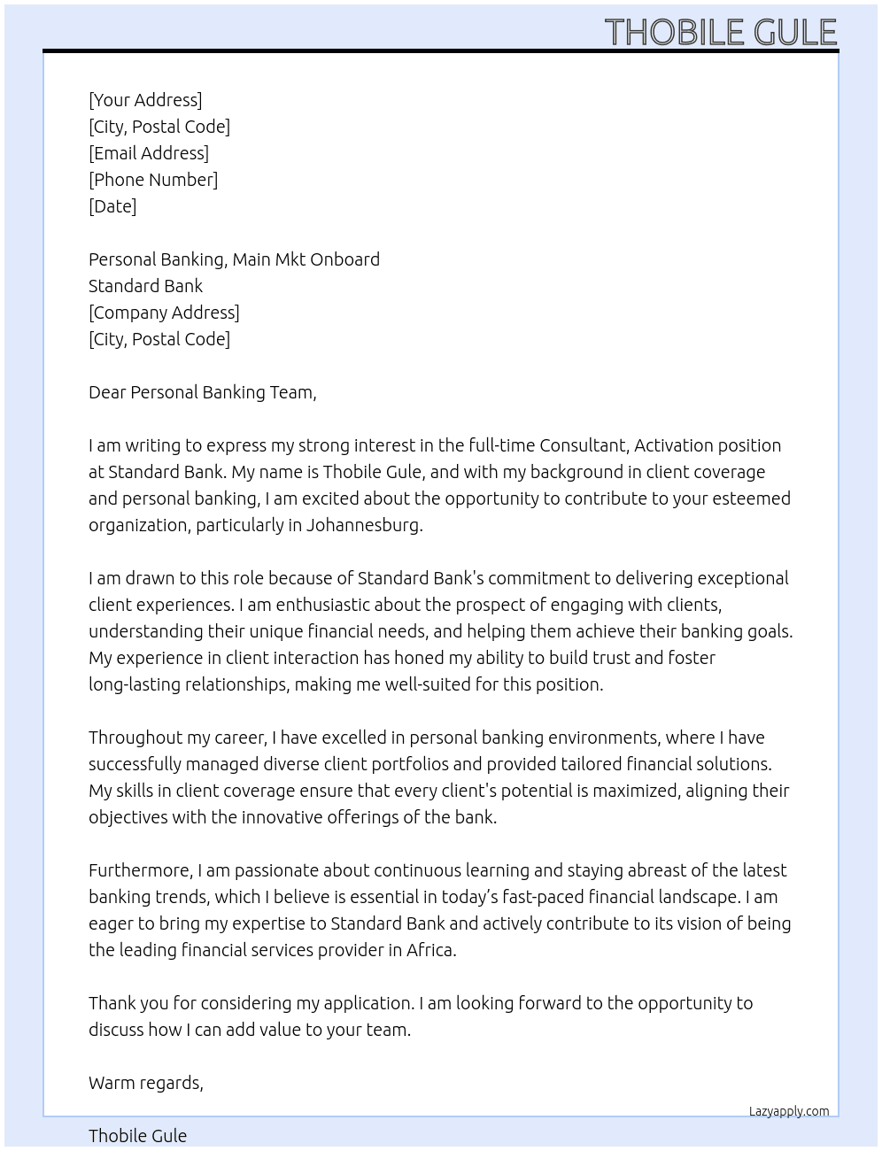 Consultant, Activayion At Standard Bank Cover Letter