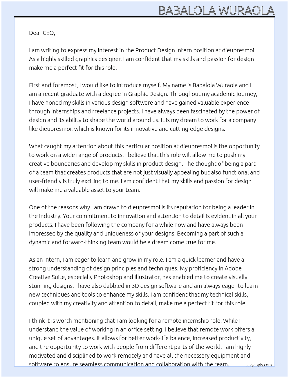 Product design intern At dieupresmoi Cover Letter
