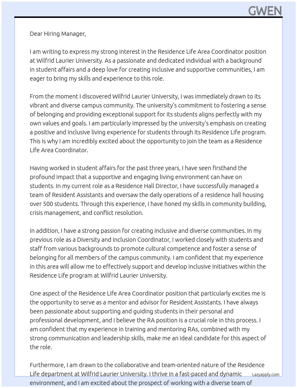 Residence Life Area Coordinator At Wilfrid Laurier University Cover Letter