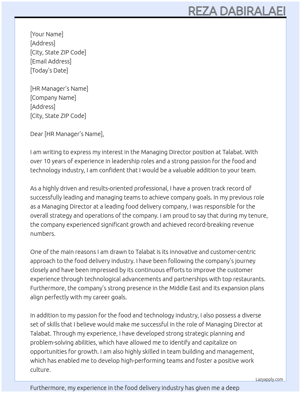 Managing Director At Talabat Cover Letter