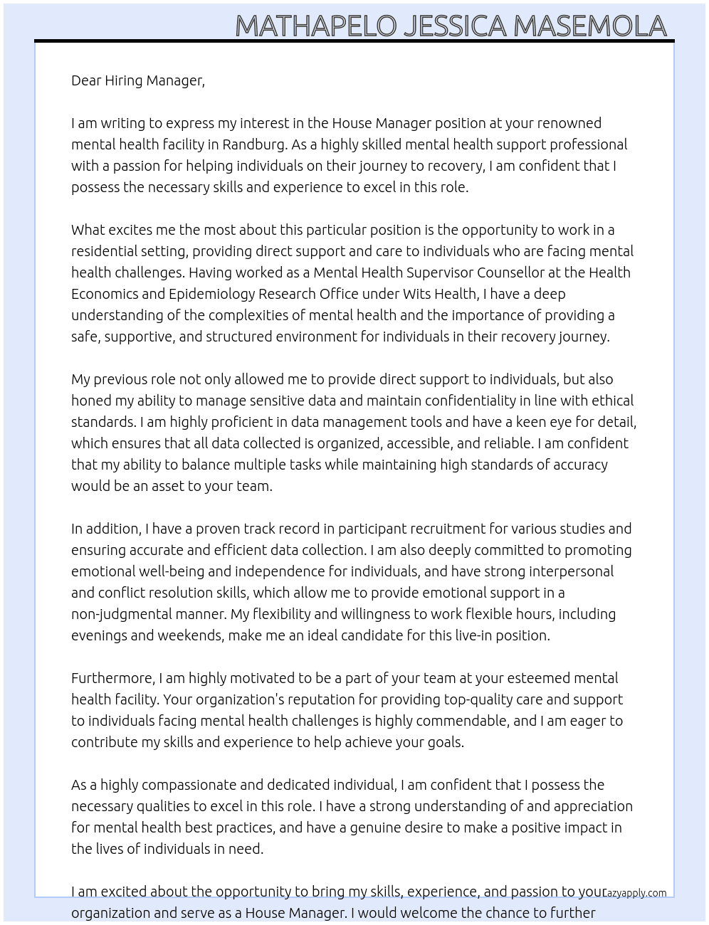 House Manager At Mental Health Facility Location: Randburg  Cover Letter