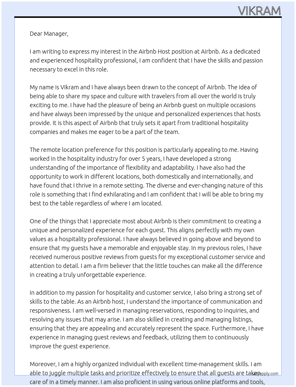 Airbnb host At Airnbn Cover Letter