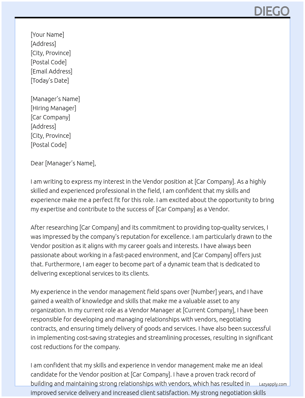 Vendor At Car Cover Letter