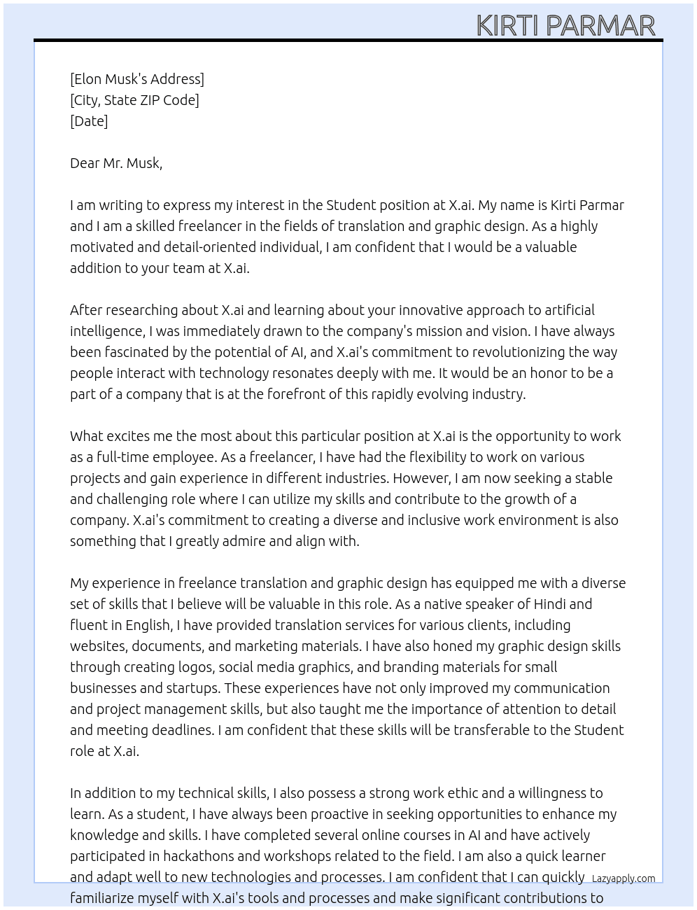 Student  At X.ai Cover Letter