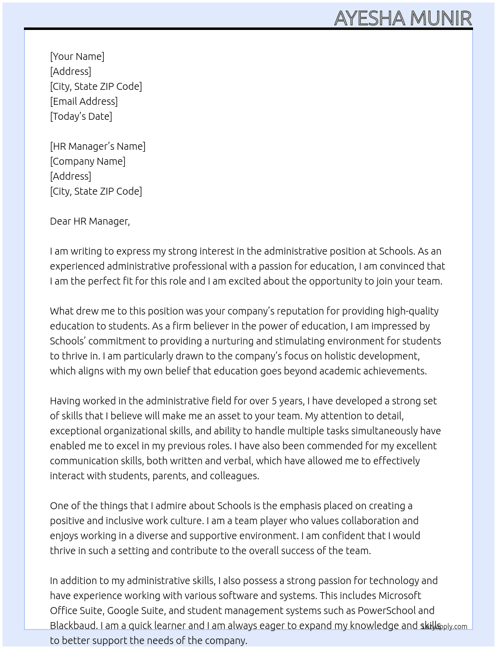 administrative  At Schools  Cover Letter