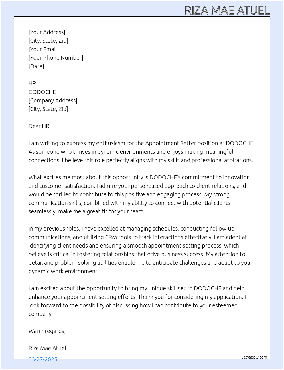 APPOINTMENT SETTER At DODOCHE Cover Letter