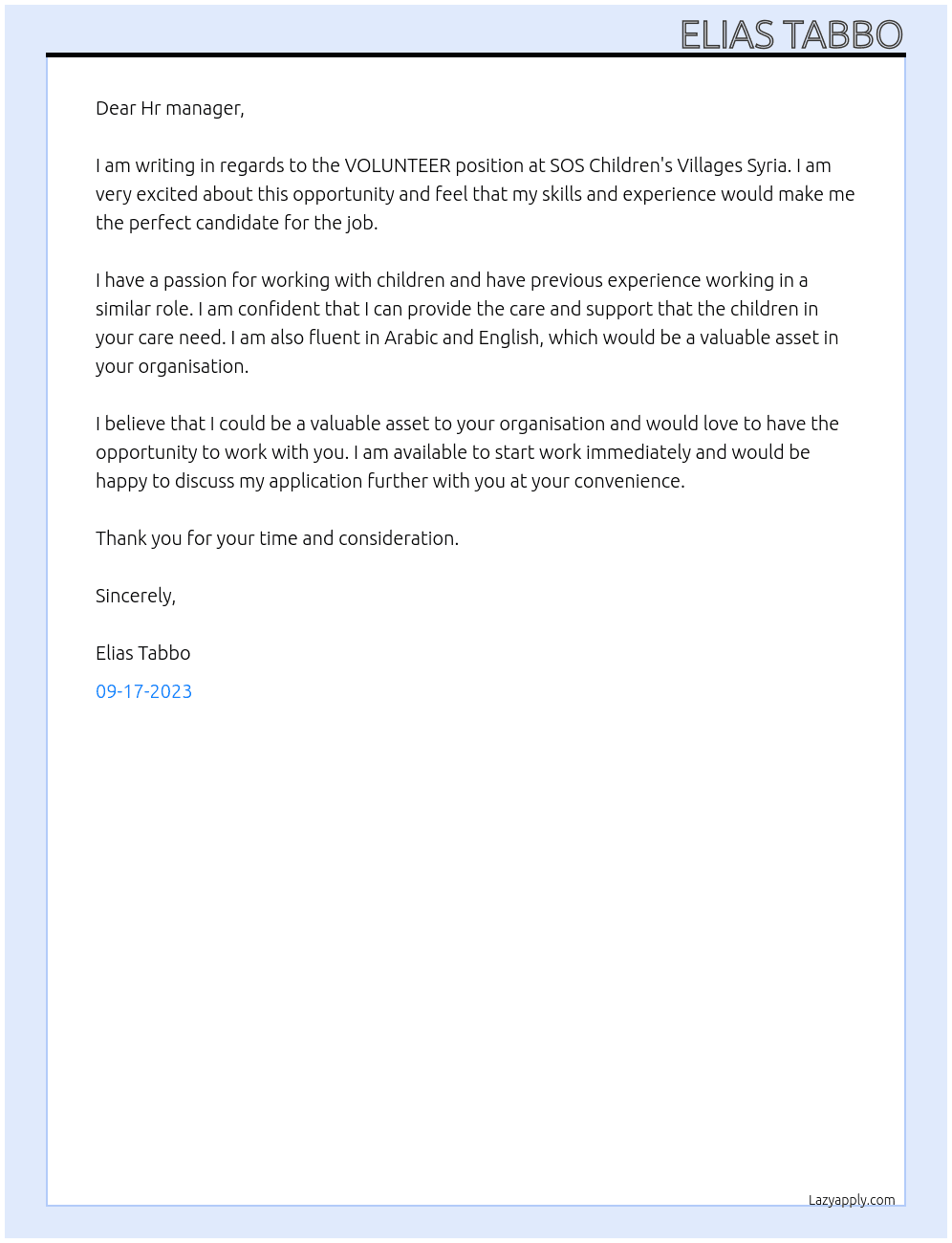 VOLUNTEER At  SOS Children's Villages Syria Cover Letter