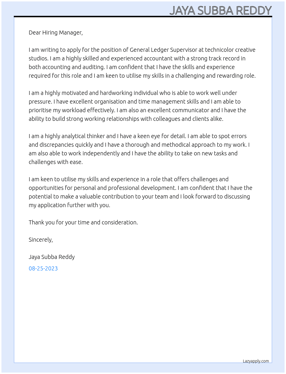 General Ledger Supervisor At technicolor creative studios Cover Letter