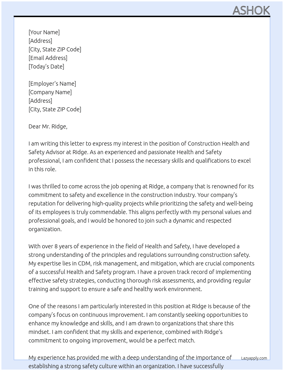 Construction Health and Safety Advisor At Ridge Cover Letter