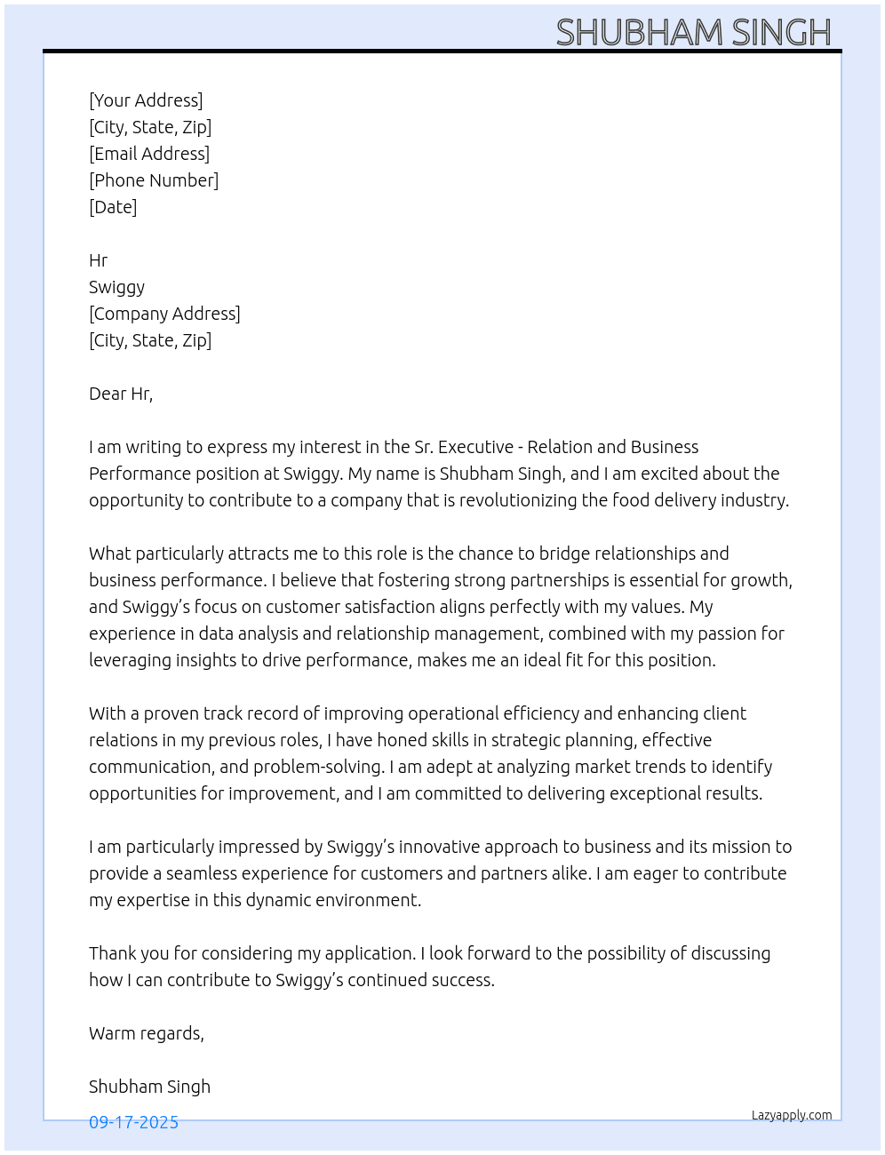 Sr. Executive- Relation and business performance  At Swiggy Cover Letter