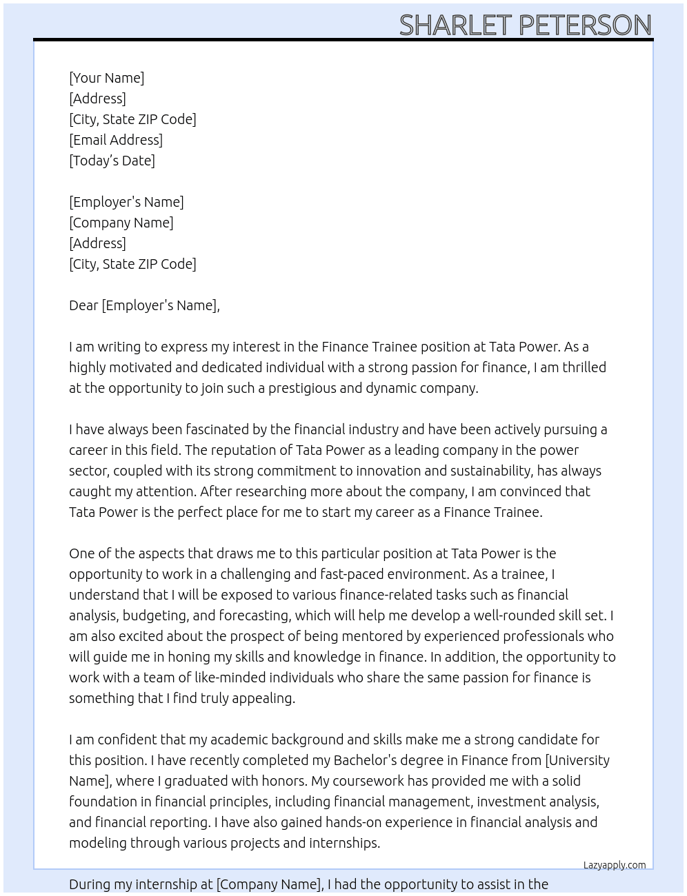 Finance Trainee At Tata Power Cover Letter