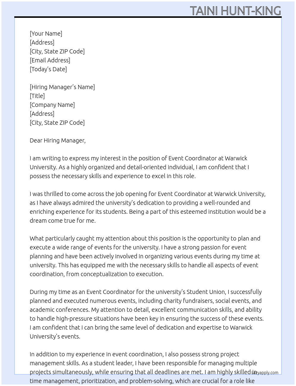 Event Coordinator  At Warwick University Cover Letter
