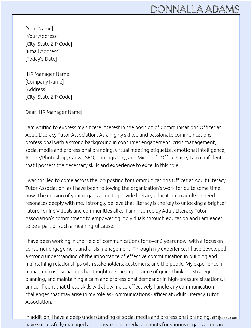 Communications Officer At Adult Literacy Tutor Association Cover Letter