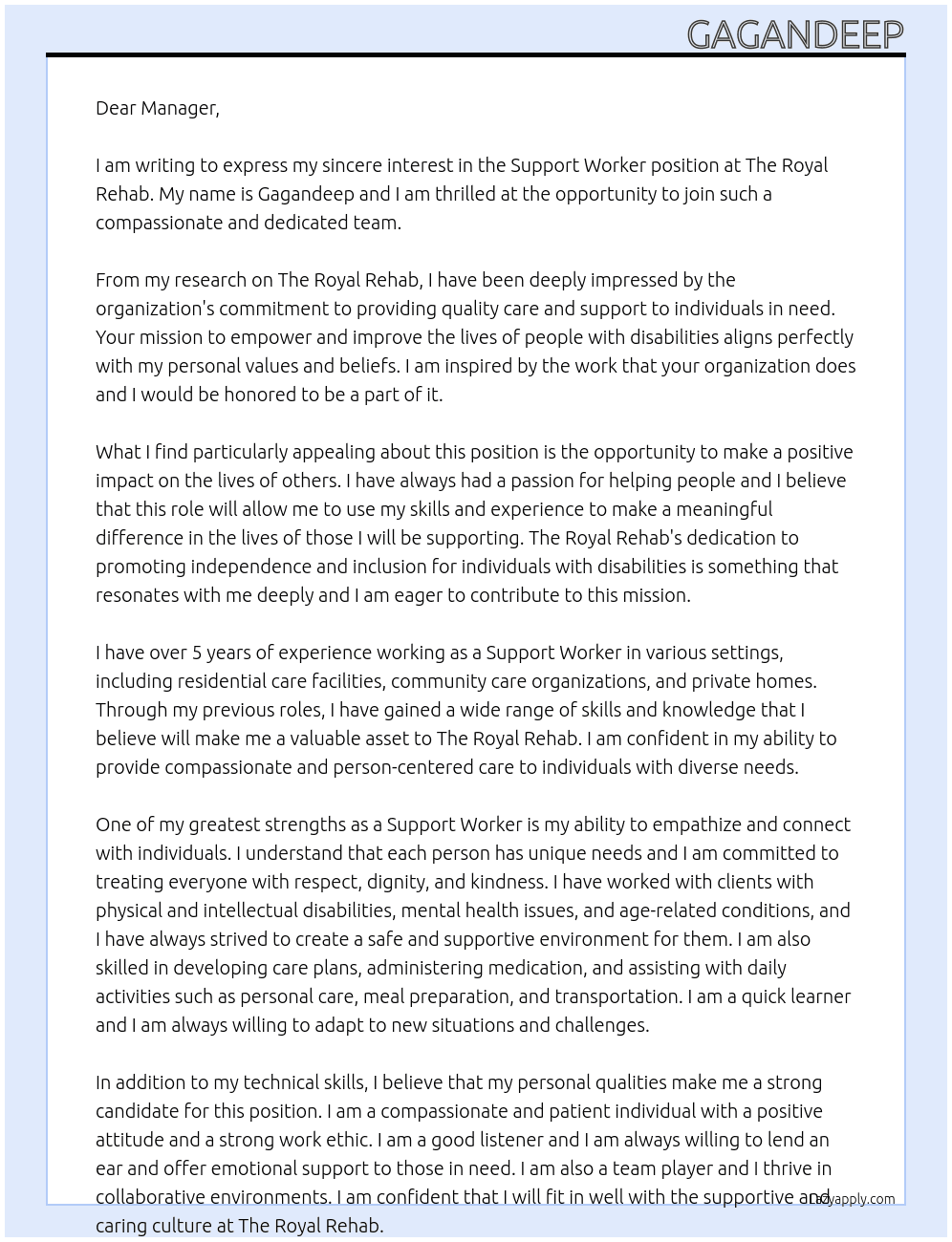 support worker At The royal rehab Cover Letter