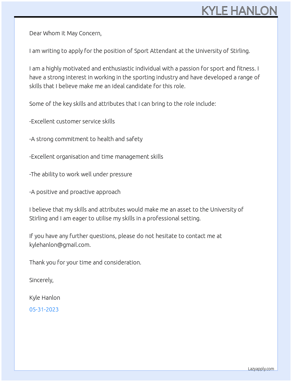 Sport Attendant  At University of Stirling  Cover Letter