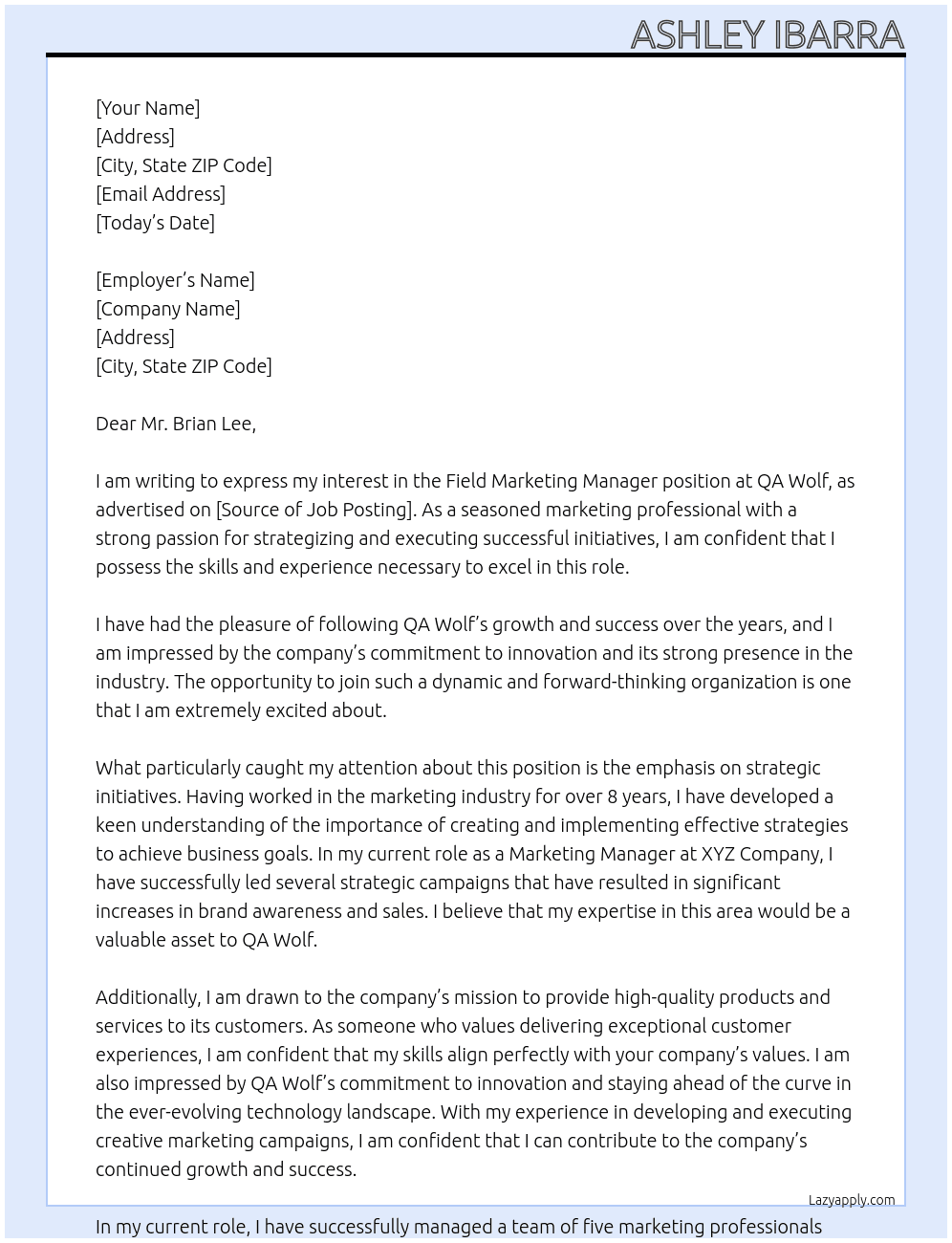 Field Marketing Manager At QA Wolf Cover Letter