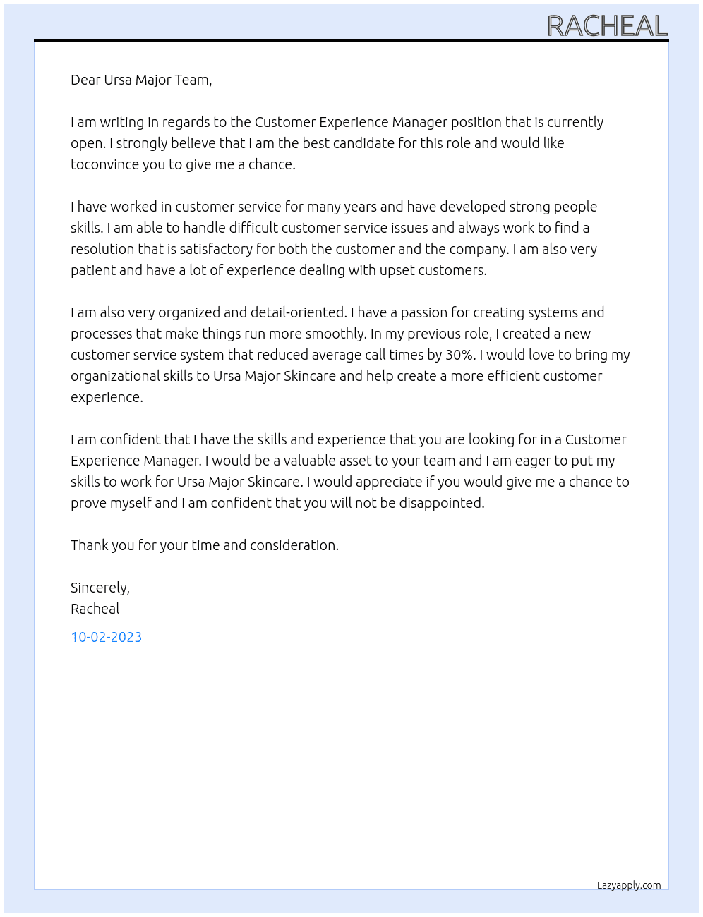 Customer Experience Manager At Ursa Major Skincare Cover Letter