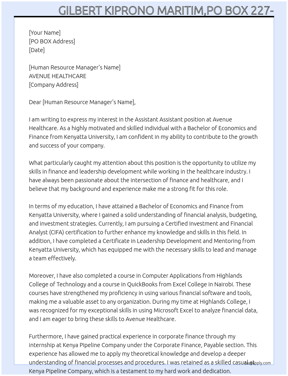 Assistant assistant At AVENUE HEALTHCARE Cover Letter