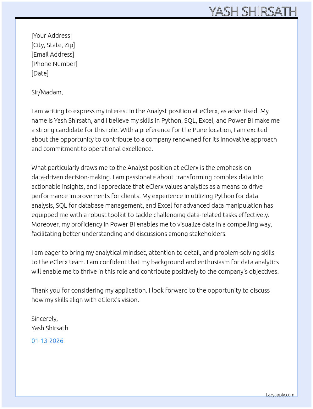 Analyst At eClerx Cover Letter