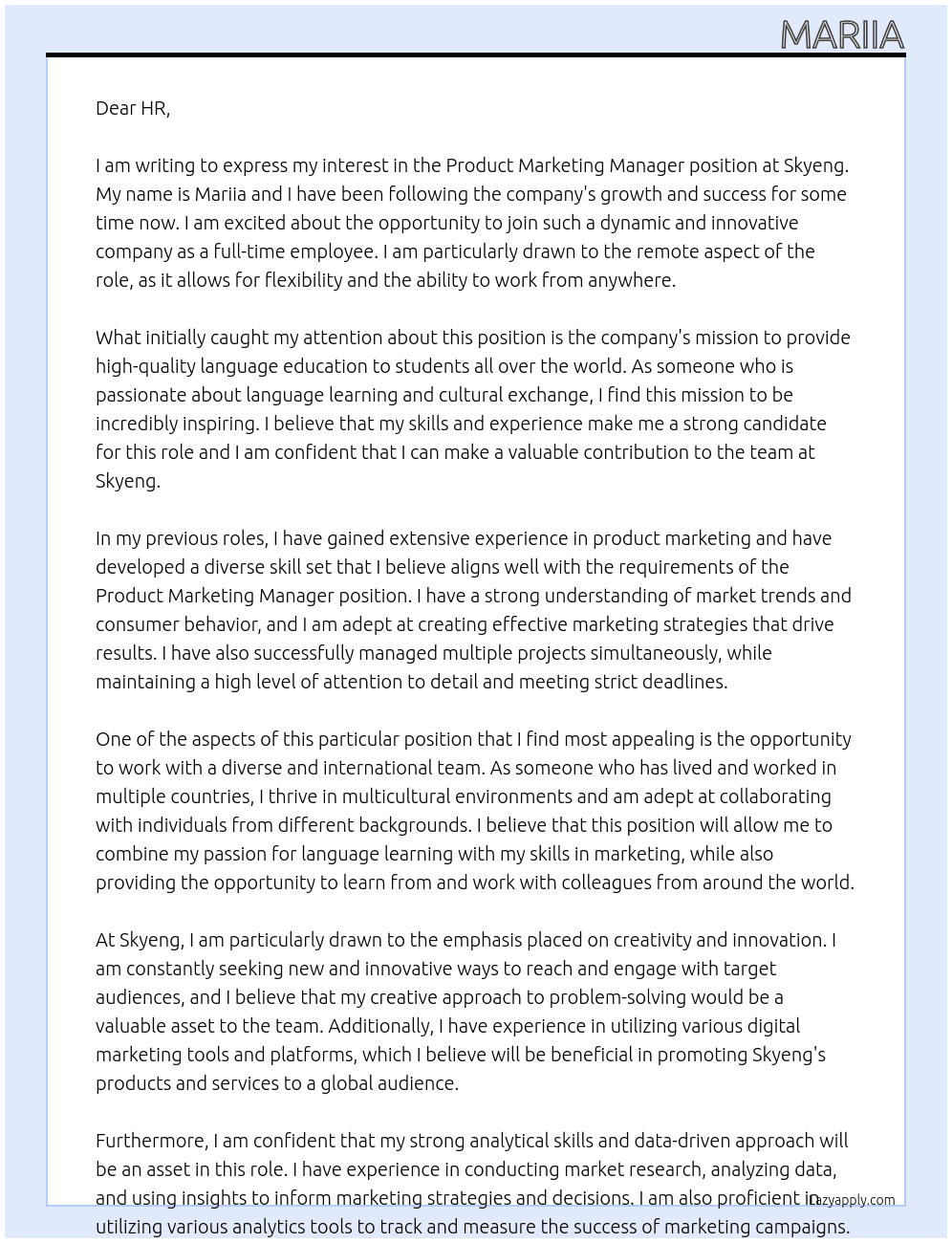 Product marketing manager At Skyeng Cover Letter