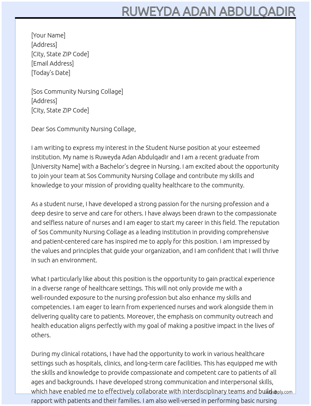 Student Nurse At Sos Community Nursing Collage Cover Letter