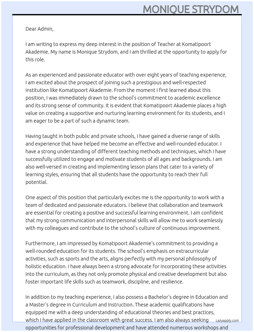 Teacher At Komatipoort Akademie  Cover Letter