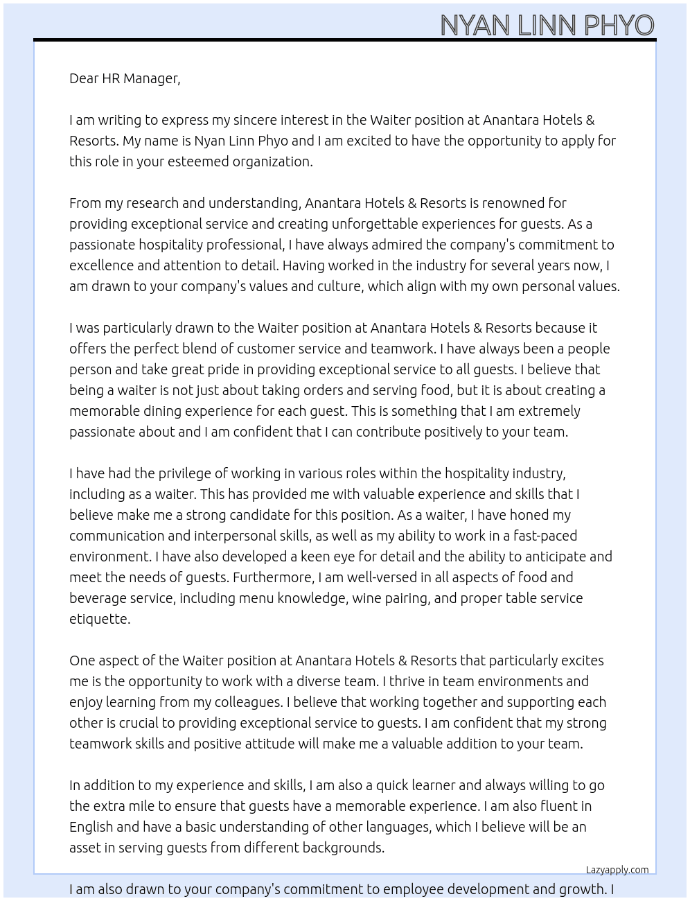 Waiter At Anantara Hotels & Resorts Cover Letter