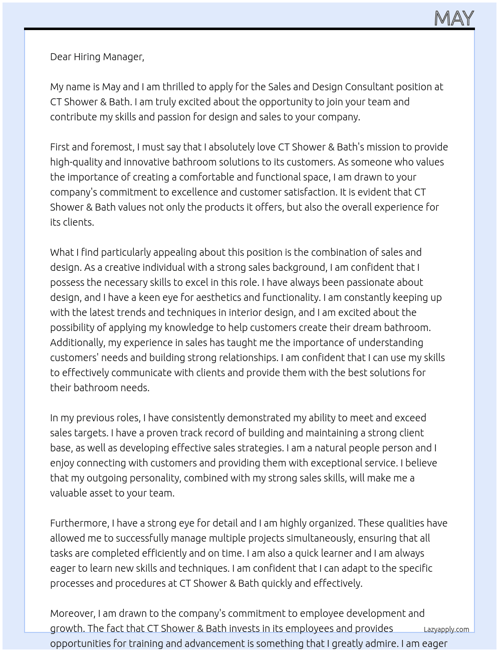 Sales and Design Consultant At CT Shower & Bath Cover Letter
