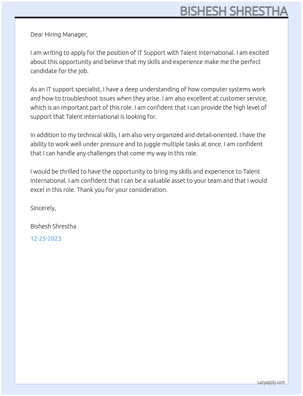 IT Support At Talent International Cover Letter