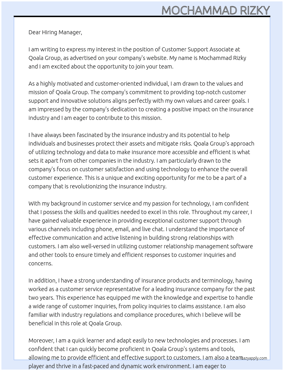 Customer Support Associate At Qoala Group Cover Letter
