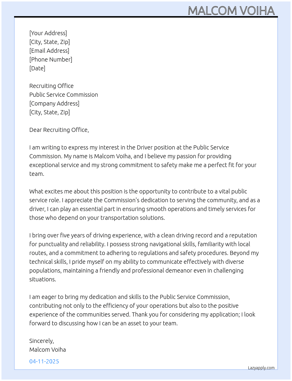 Driver position  At Public service commission  Cover Letter