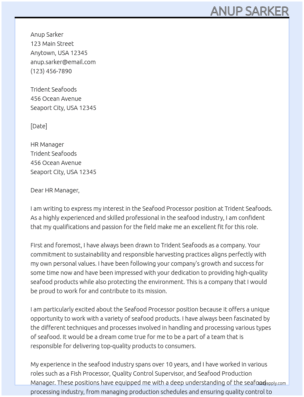 Seafood processor  At Trident seafoods Cover Letter