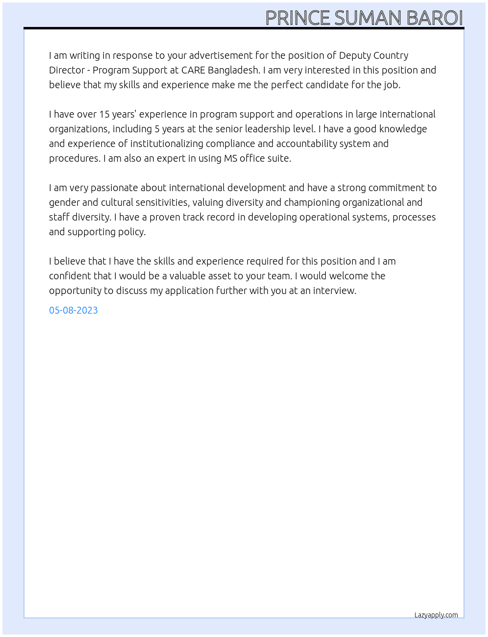 Deputy Country Director - Program Support, CARE Bangladesh At CARE Bangladesh Cover Letter