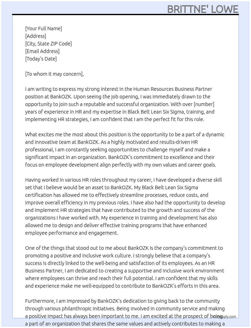 Human Resources Business Partner At BankOZK Cover Letter