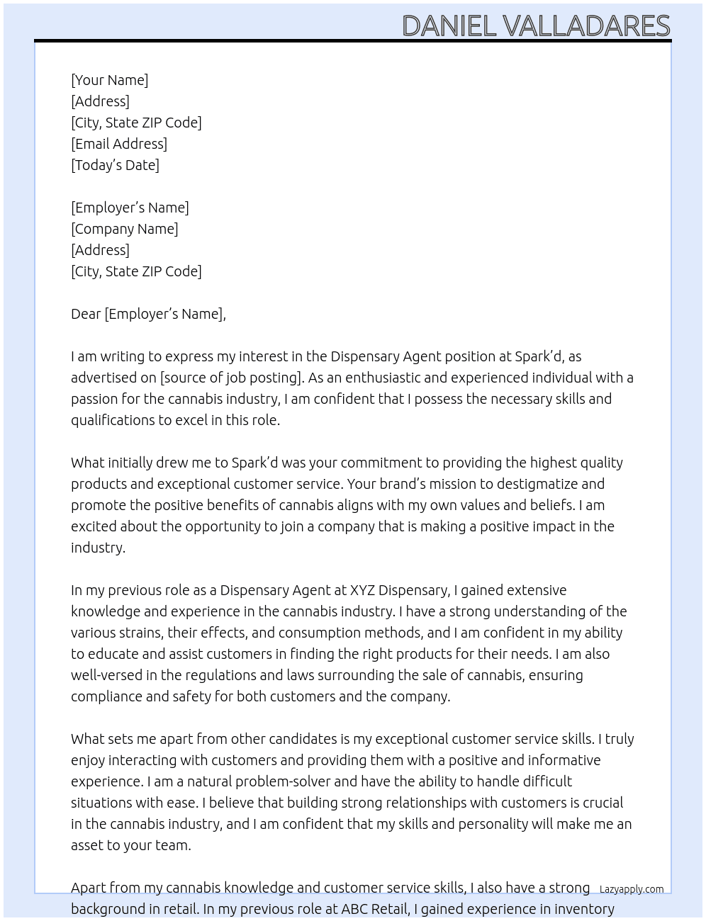 Dispensary Agent At Spark’d Cover Letter