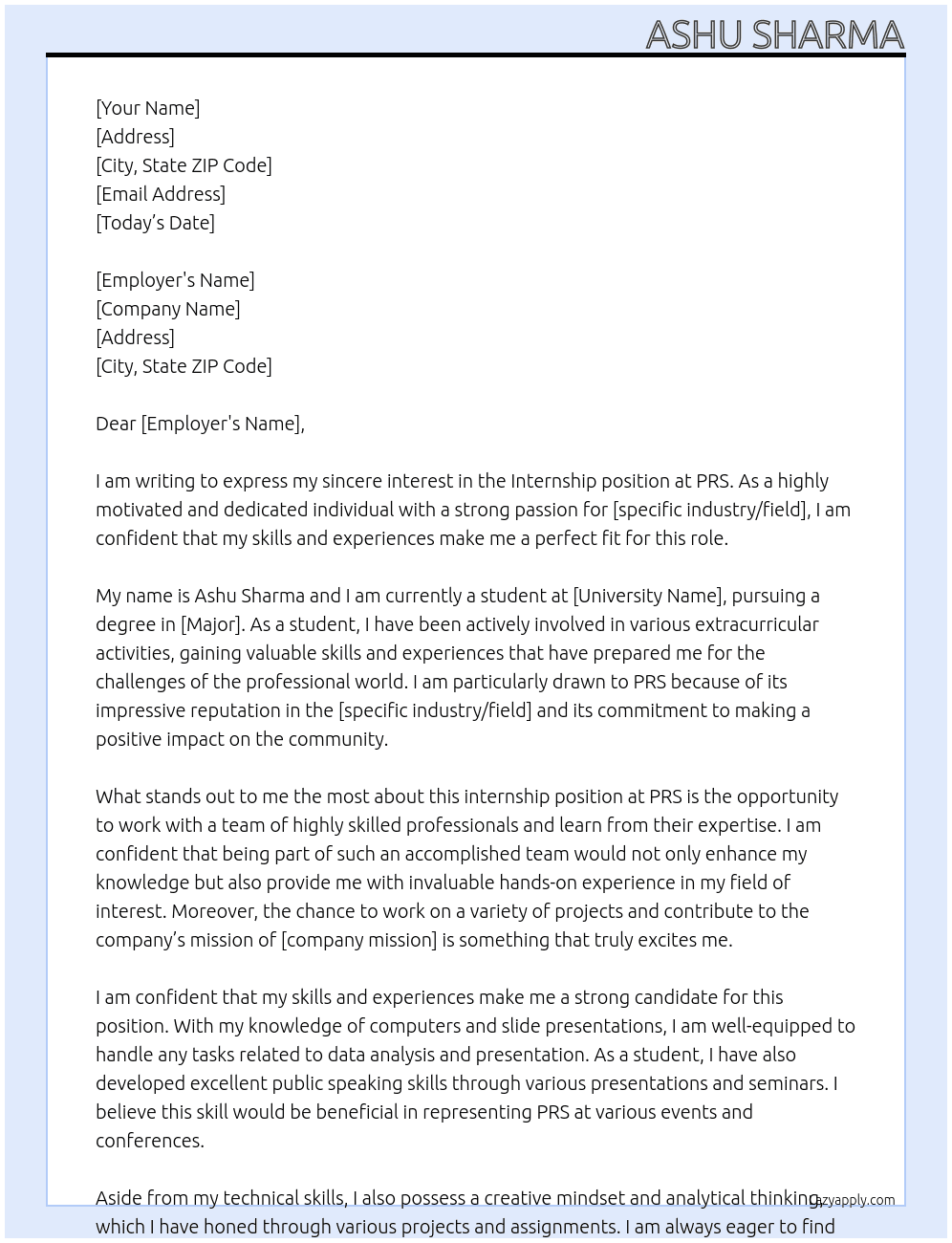Internship  At PRS  Cover Letter