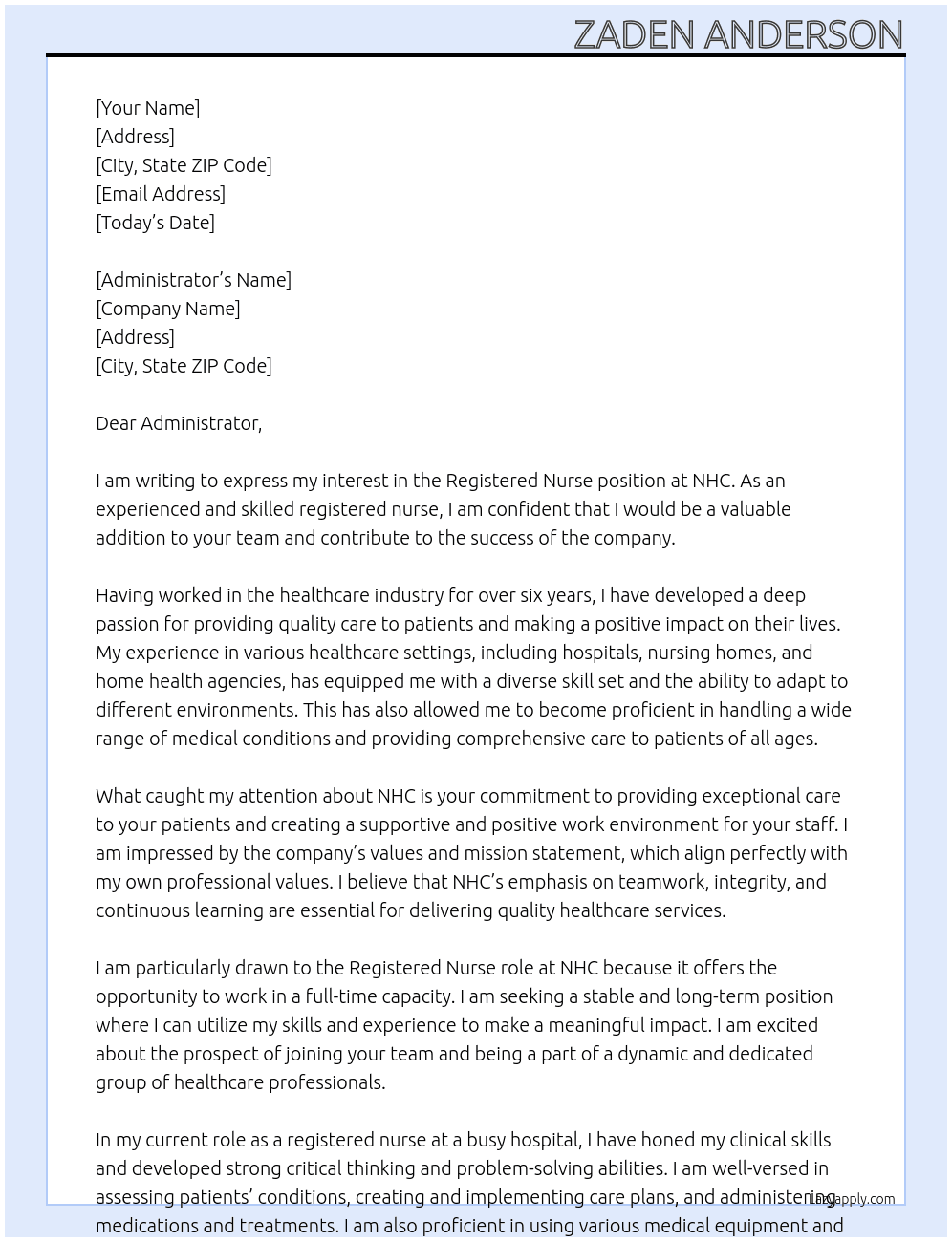 Registered Nurse  At NHC Cover Letter