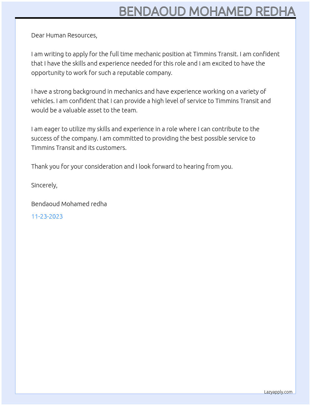 FULL TIME MECHANIC  At Timmins Transit Cover Letter