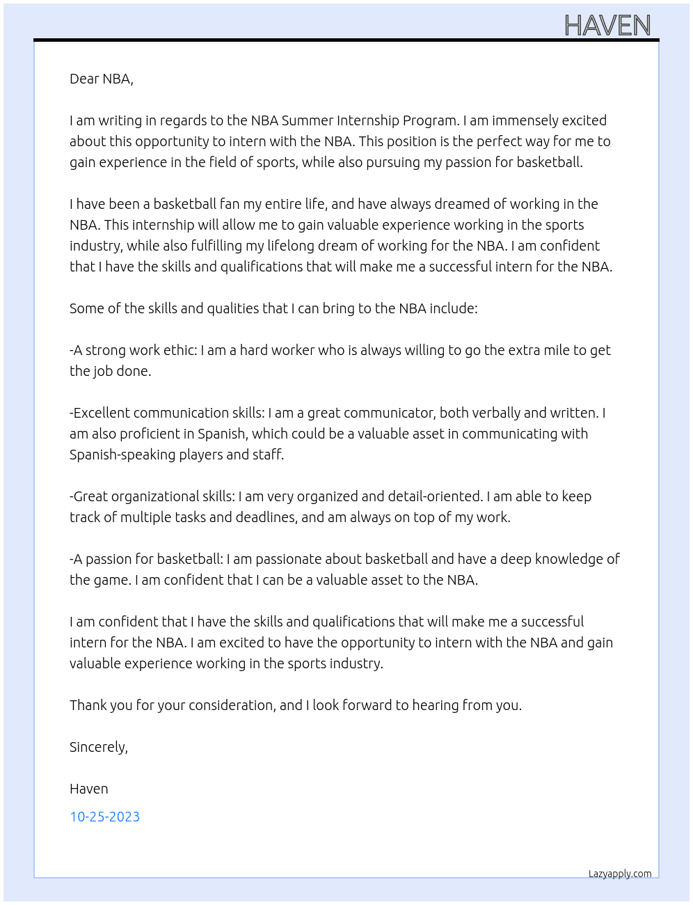 Internship  At NBA Summer Internship Program Cover Letter