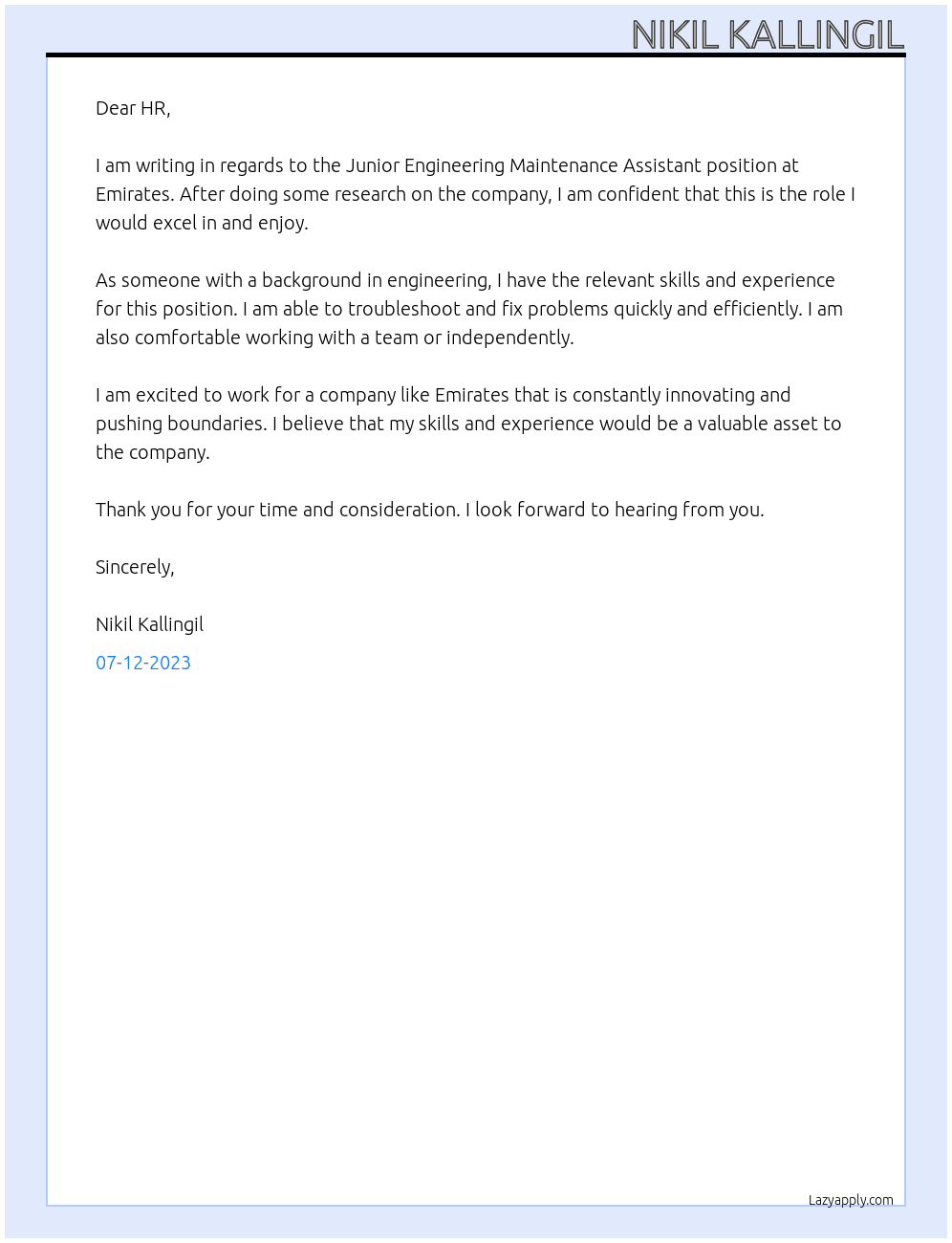 JUNIOR ENGINEERING MAINTENANCE ASSISTANT  At EMIRATES  Cover Letter